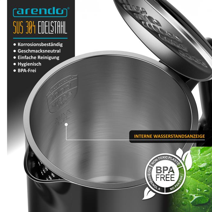 Produktbild Arendo Wasserkocher 1,7 L aus Edelstahl, Temperatureinstellung 40°-100°C mit Anzeige, Doppelwand, 2200 W (1.70 l)