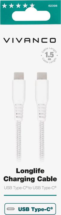 Actual product image Vivanco kabelis USB-C - USB-C LongLife Charging 1.5 m, baltas (62398) (1.50 m, USB 3.2 Gen 2, 60 W)