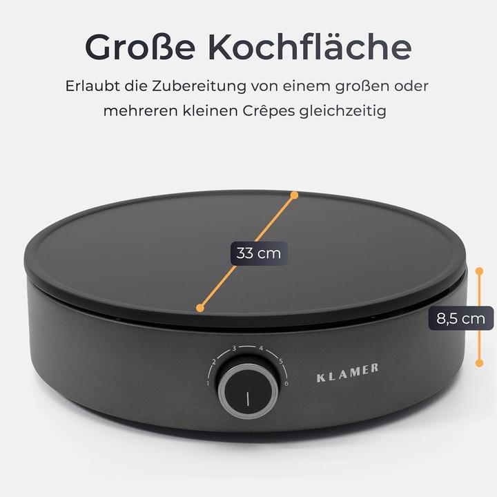 Produktbild KLAMER Crepes Maker, Grosse Backfläche mit 33cm Ø antihaftbeschichtete Platte, 1500W