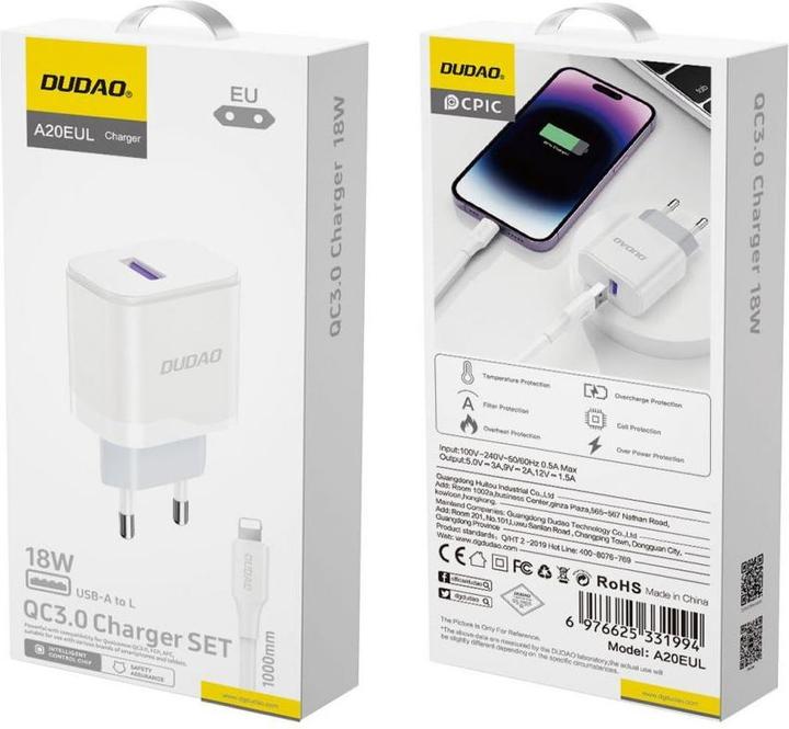 Produktbild Dudao A20EU USB-A 18W Wandladegerät – Weiss + USB-A – Lightning -Kabel (18 W)