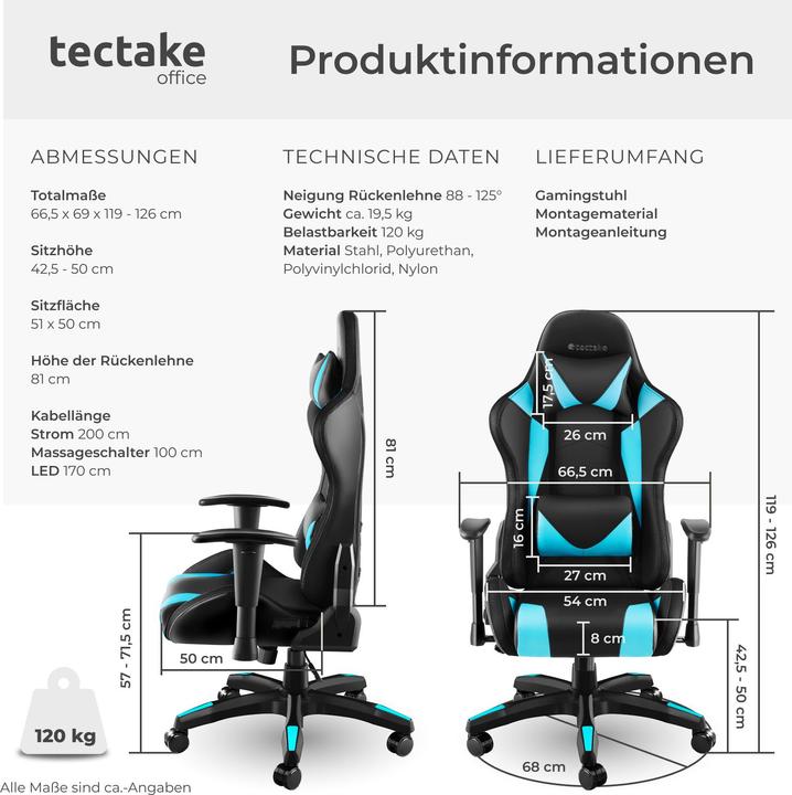 Image du produit tectake Chaise de gaming TARTAROS avec fonction massage et LED