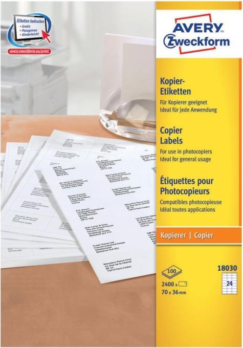 Produktbild Avery Kopieretiketten - Permanent klaebemiddel - hvid - 36 x 70 mm 2400 etikette(r) (100 ark x 24) ad