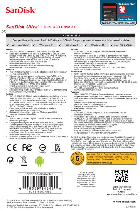 Image du produit SanDisk USB3.0 Ultra Dual 16GB OTG (16 Go, USB-A, Micro USB-A)
