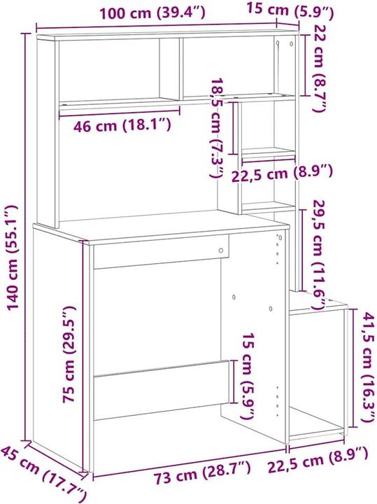 Produktbild VidaXL Schreibtisch mit Regal Artisan-Eiche 100x45x140cm Holzwerkstoff (100 x 45 x 140 cm)