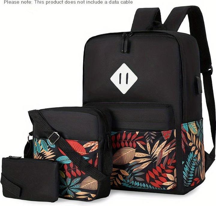 Actual product image Only-Bags.Store Classic leaves pattern backpack set, large capacity storage backpack with square