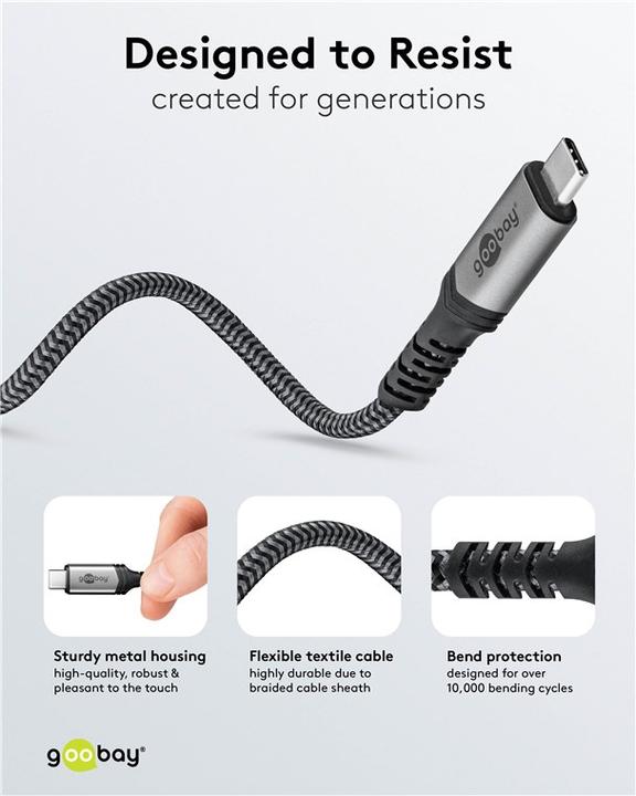 Image du produit Goobay Câble USB-C avec gaine textile, USB4, 240 W, 40 Gbit/s, Power Delivery, 0.5 m, noir, gris (0.50 m, USB 4.0)