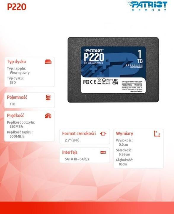 Productafbeelding Patriot SSD 1TB 550/500 P220 SA3 PAT P220S1TB25 (1000 GB, 2.5")