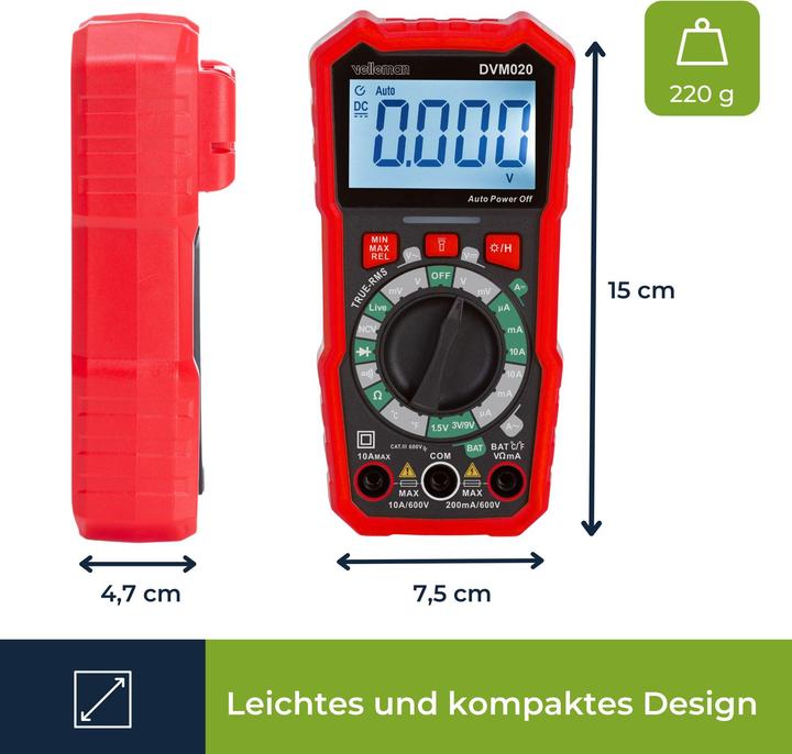 Produktbild Velleman Universelles, robustes Echt-Effektivwert-Digitalmultimeter - CAT III - 600 V - 8 Funktionen (CAT III)