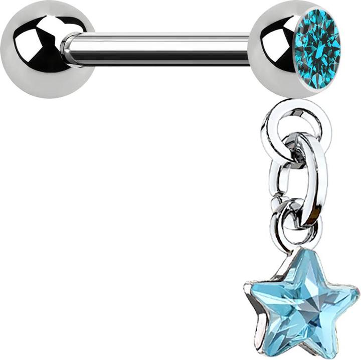 Star Piercing Micro Barbell silber mit Kugel und Anhänger Kristallstern aqua (Chirurgenstahl 316L, Messing)
