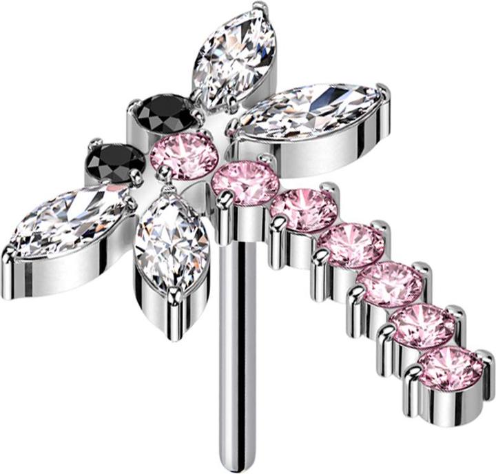 Star Piercing Threadless Libelle silber Kristalle pink (ohne Messing, Titan G23)