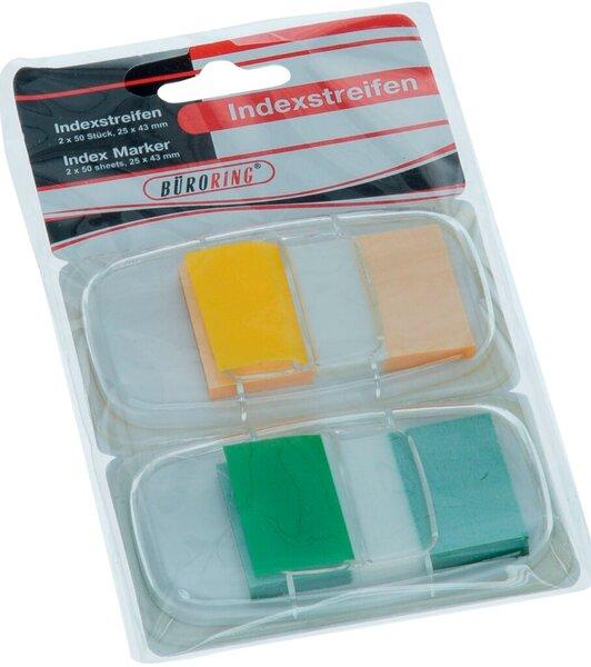 Büroring Haftstreifen, 25 x 43 mm, 2 x 50 Streifen, Plastik, sortiert grün, gelb (25 x 43 mm)