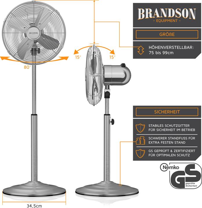 Image du produit Brandson Ventilateur sur pied 34cm Ø, oscillation 80°, inclinable 30°, 35W, ventilateur sur pied, argenté (54 dB)