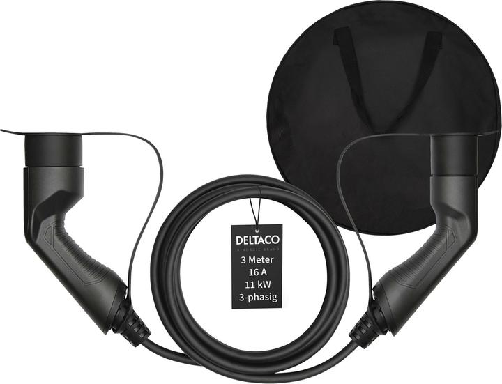 Deltaco EV-3213B + bag 3-phase IEC type 2 to type 2 - 16A 11kW, 3m (Type 2, 11 kW, 16 A, 3 m)