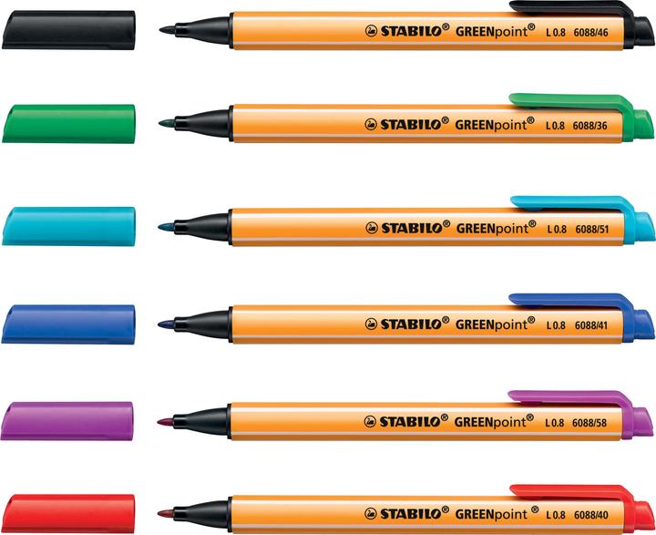 Produktbild STABILO GREENpoint umweltfreundlicher Filzschreiber (Lila, Türkis, Blau, Rot, Grün, Schwarz, 6 x)