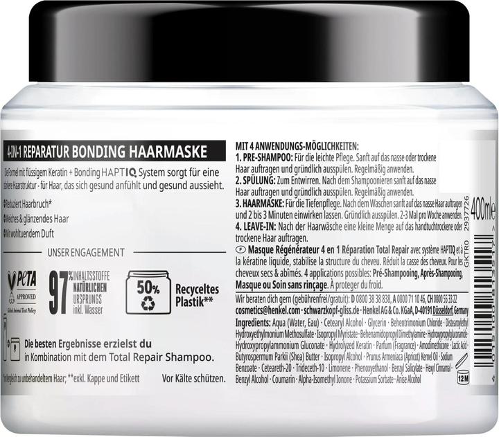 Immagine prodotto Gliss Maschera per capelli rigenerante 4 in 1 400 ml, trattamento di riparazione totale per capelli con (400 ml)