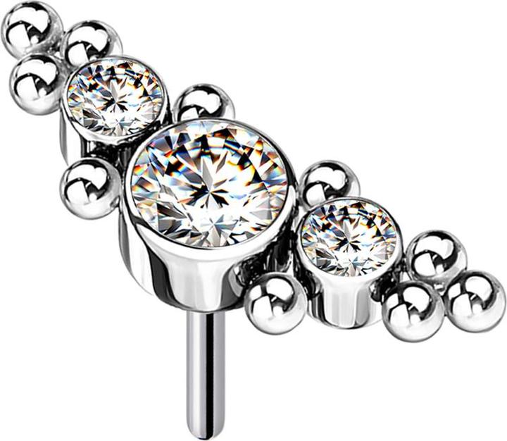 Star Piercing Threadless silber mittig mit Kugeln und drei Kristalle silber (ohne Messing, Titan G23)