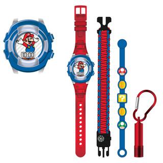 Accutime Armbanduhr Set Super Mario mit Accessoires, Kinder LCD-Uhr mit digitaler Anzeige, blinkende