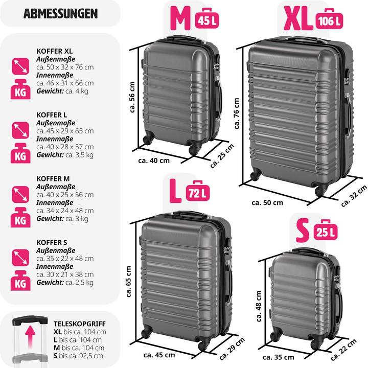 Immagine prodotto tectake Set di valigie rigide (106 l, Bagaglio a mano (fino a 50 litri), M (50 - 90l), L (90 - 115l))