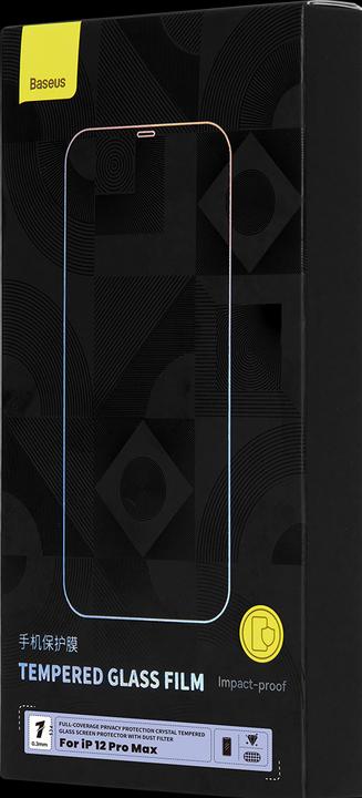 Actual product image Baseus 0.3mm Full-Coverage Privacy Protection Crystal Tempered Glass Screen Protector with Dust Filter for (1 Piece, Apple iPhone 12 Pro Max)
