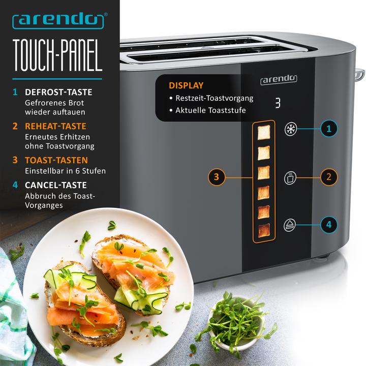 Image du produit Arendo Toaster Edelstahl 2 Scheiben Kurzschlitz, Restzeit & Bräunungsgradanzeige, Touch Display, 800 W (Prise UE)