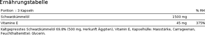 Valori nutrizionali e ingredienti Phytopharma Schwarzkümmelöl (1 Pezzo/i, Pillole, 160 g)