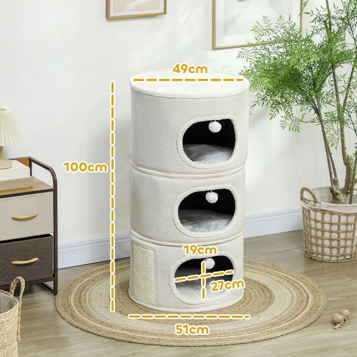 Produktbild Swisshandel24 Kratztonne, 100 cm hoch Katzentonne mit 3 Höhle, Kratzbaum für Katze bis 6 kg (100 cm, Kaffeebraun+Cremeweiss)