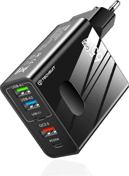 Produktbild Techsuit - Premium Wall Charger PentaXPower (CHC1) - 3x USB, 2x Type-C PD 25W, 65W, GaN, 1m - Black