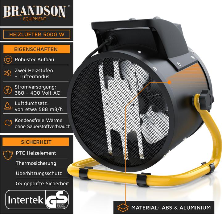 Produktbild Brandson Baustellen Heizlüfter 5000 W, 2 Heizstufen, 5KW Elektroheizgebläse für Baustelle, Überhitzungsschutz (5000 W)