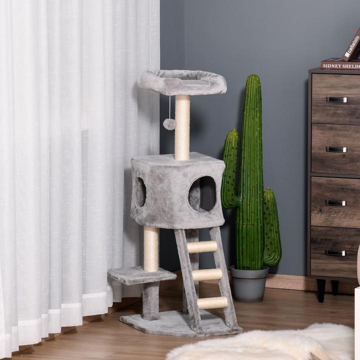 Produktbild PawHut Katzenbaum mit Katzenhöhle (120 cm, Hellgrau)