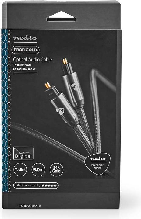 Produktbild Nedis Optical audio cable TosLink Male, 5m, round, braided - Gray With Metal (5 m, TOSLINK)