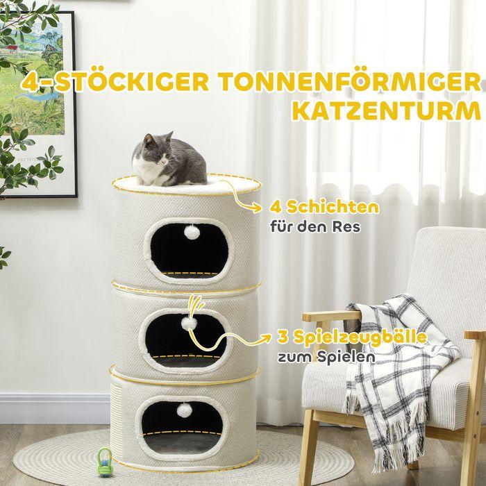 Produktbild Swisshandel24 Kratztonne, 100 cm hoch Katzentonne mit 3 Höhle, Kratzbaum für Katze bis 6 kg (100 cm, Kaffeebraun+Cremeweiss)