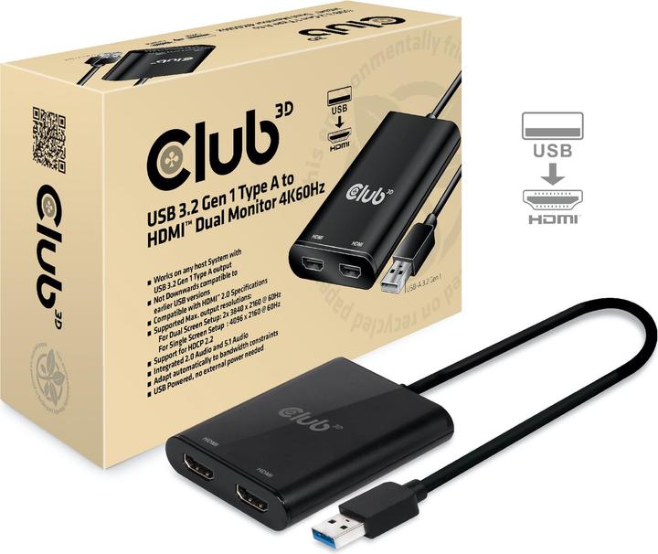 Club 3D USB A to HDMI 2.0 Dual Monitor 4K 60Hz Adapter