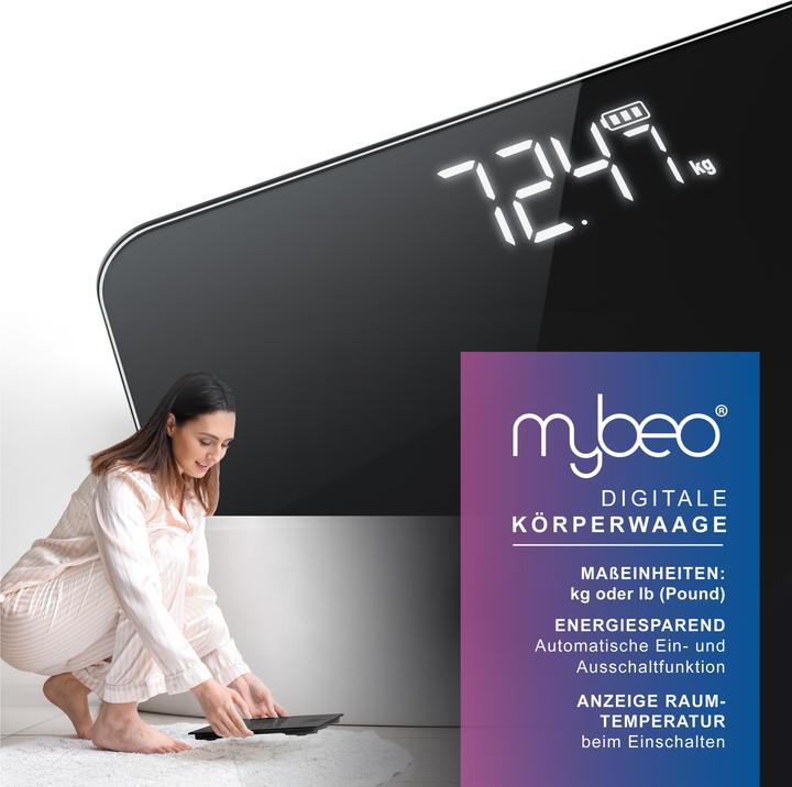 Produktbild Mybeo Digitale Waage für Personen, Digitalwaage, Personenwaage, grosse Trittfläche aus 6mm Sicherheitsglas (180 kg)