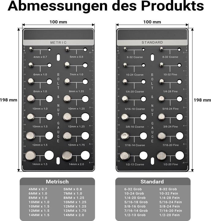 Produktbild Wiltec Gewindelehre Bolzen Muttern imperiale metrische 28 Gewindegrössen Schraube (28 cm)