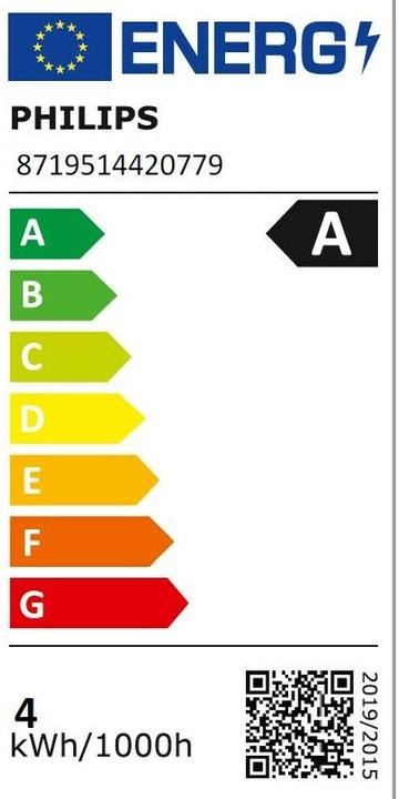 Energie-Label Philips LED Lampe Glühbirnenform E27 4 Watt klar warmweiss Filament (E27, 4 W, 840 lm, 1 x, A)