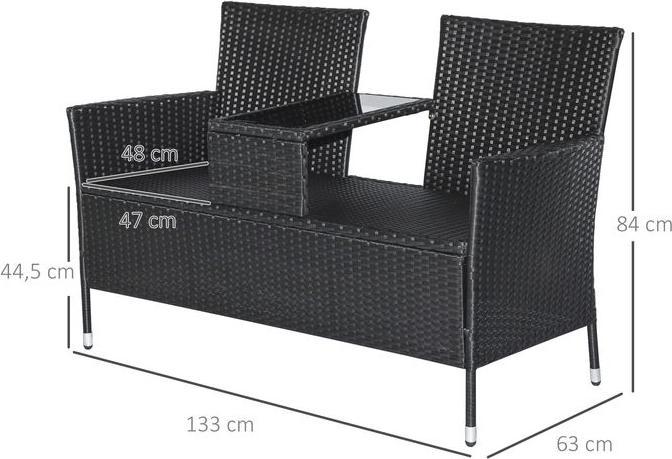Produktbild Swisshandel24 Polyrattan Gartenbank Gartensofa Sitzbank mit Tisch 2-Sitzer Stahl Schwarz B133xT63xH84cm