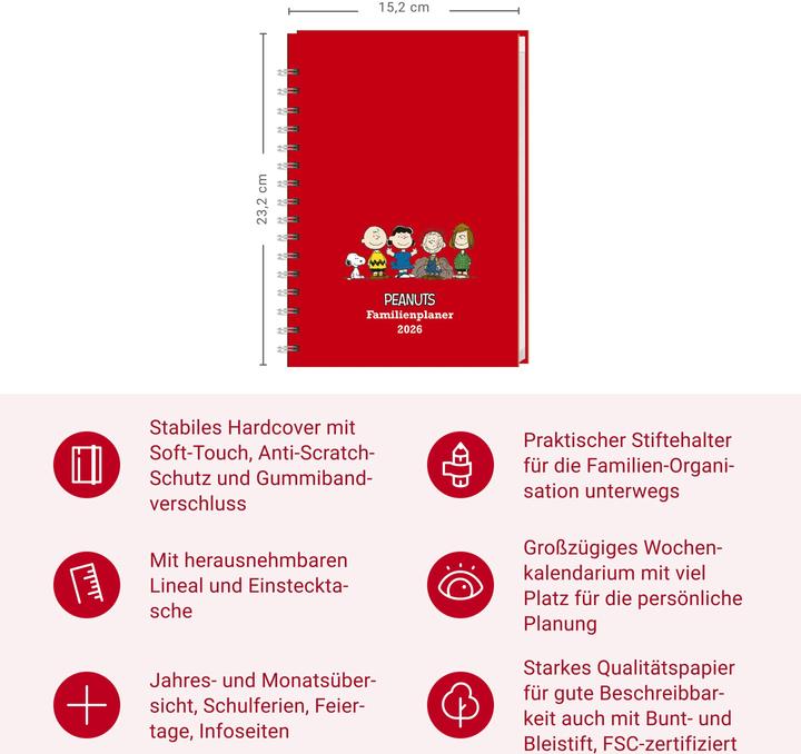 Immagine prodotto Peanuts Familienplaner-Buch A5 2026 (15,2 x 23,2 cm, Tedesco)