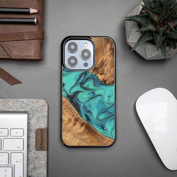 Immagine prodotto Bewood Custodia in legno e resina per iPhone 14 Pro Max - Turchese Nero (Apple iPhone 14 Pro Max)