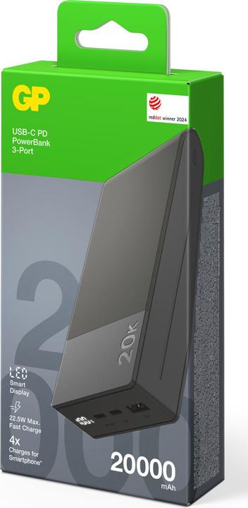 Actual product image GP Batteries GP PowerBank M2+ 20C 20000mAh 2xUSB-C/1xUSB-A black LED indicator (20000 mAh, 22.50 W, 74 Wh)