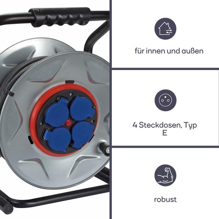 Actual product image Velleman PROFESSIONAL NEOPRENE CABLE REEL WITH ANTI-TWIST SYSTEM - 40 m - 3G2.5 - 4 SOCKETS - FRENCH SOCKET (40 m, 3 mm²)