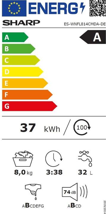 Energie-Label Sharp ES-WNFL814CMDA-DE (8 kg, Links, EU-Stecker)