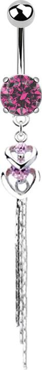 Star Piercing Banane silber mit Kugel und Kugel Kristall pink Anhänger zwei Herzen glitzerfaden (Messing, Chirurgenstahl 316L)