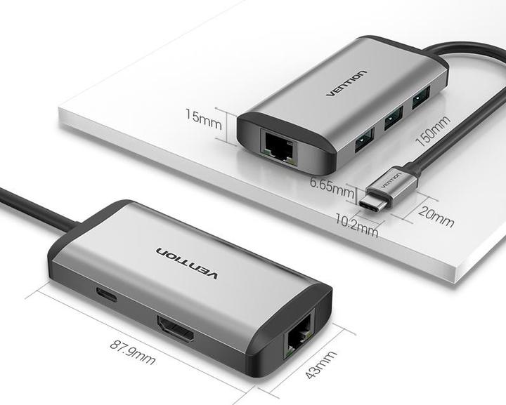 Produktbild Vention USB-C Docking Station to HDMI, 3x USB3.0, RJ45, PD 0.15m CNCHB, gray (USB-C, 4 Ports)