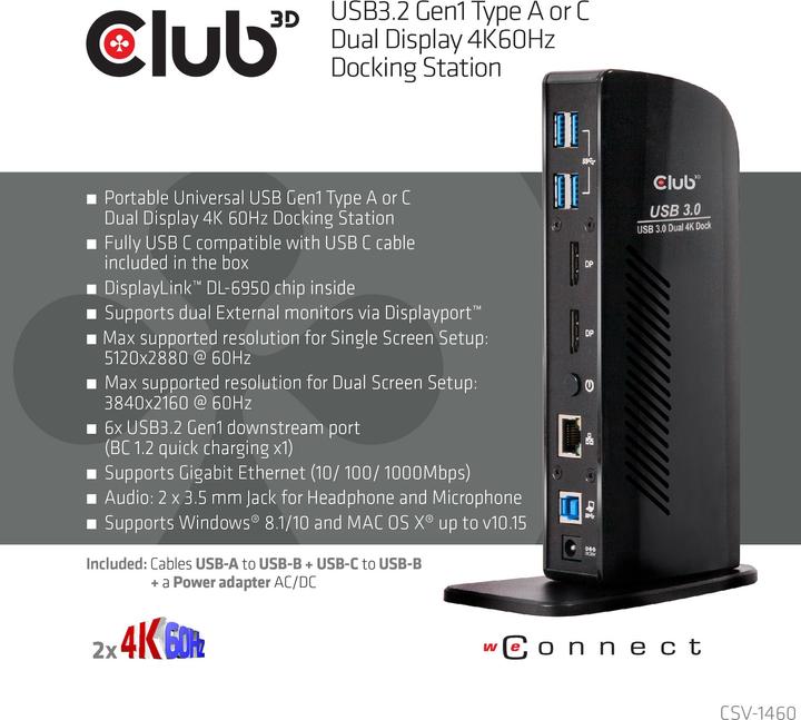 Produktbild Club 3D Dual Display Docking Station 4K60Hz (USB-B, 2 Ports)