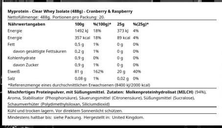 Nährwerte und Zutaten MyProtein Clear Whey Isolate (Cranberry & Raspberry, 1 Stk., 488 g)