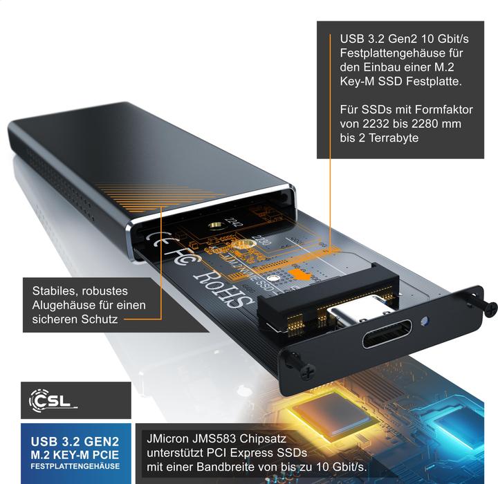 Immagine prodotto CSL Cabinet per hard disk, M.2 Key-M PCIe Cabinet per hard disk esterno USB 3.2 per SSD NVME M.2, UASP (M.2)