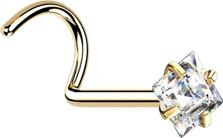 Star Piercing Nasenstecker gebogen vergoldet quadratischer Kristall silber gefasst (ohne Messing, Chirurgenstahl 316L)