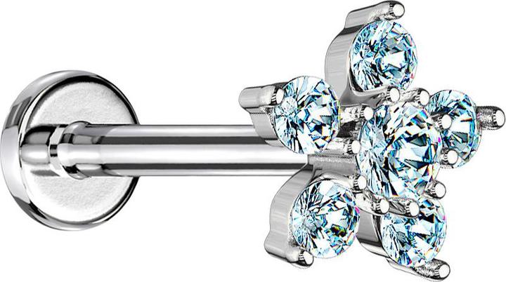 Star Piercing Micro Labret Innengewinde silber Blume Kristall aqua (Messing, Chirurgenstahl 316L)