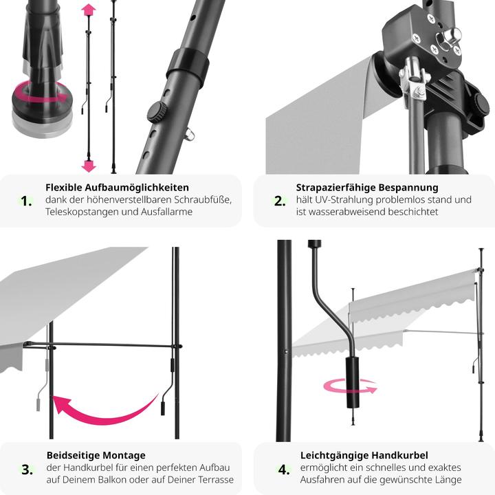 Produktbild tectake Klemmmarkise mit Handkurbel, höhenverstellbar (3 m)