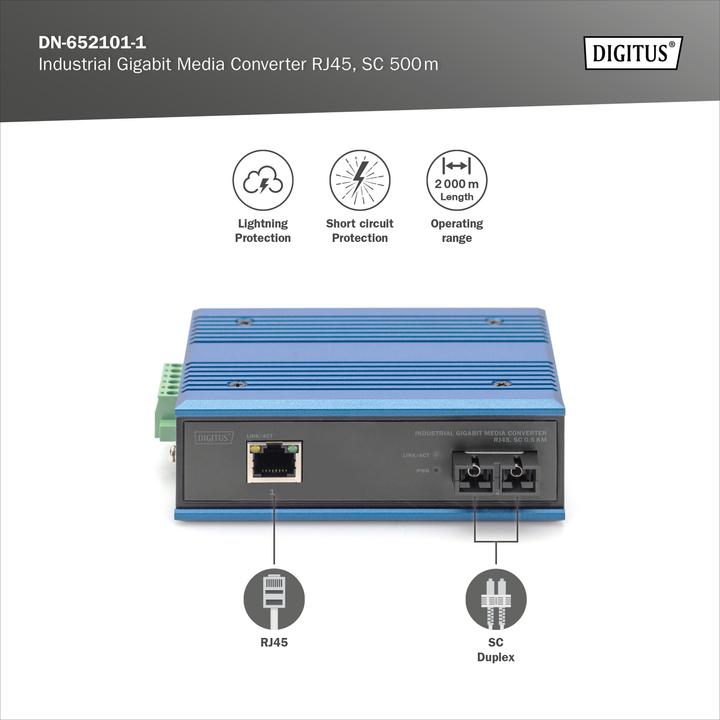 Produktbild Digitus Industrieller Gigabit Medien Konverter RJ45, SC 0.5km (1 Ports)